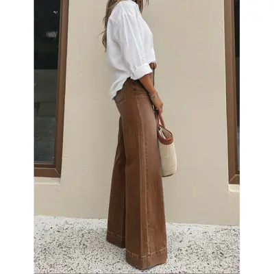 Kadın Kot Pantolon, Retro Yıkamalı, Bol Paça, Yüksek Bel Görünümlü Yeni Sezon