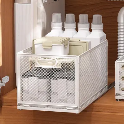 Foldable metal storage basket for kitchen and bathroom