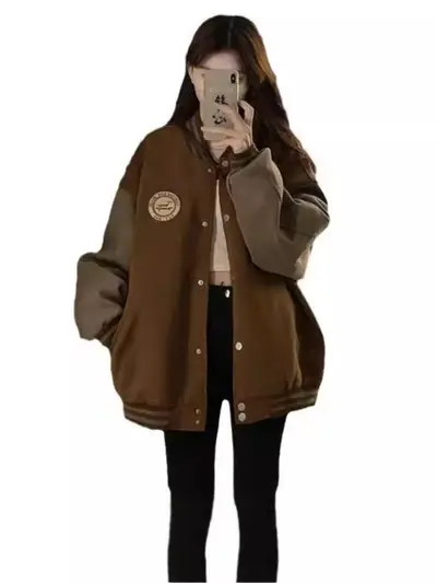 Kadınlar için sınır ötesi tembel stil beyzbol ceketi, sonbahar ve kış polar astarlı kalın retro gevşek gündelik hırka sweatshirt ins trendi