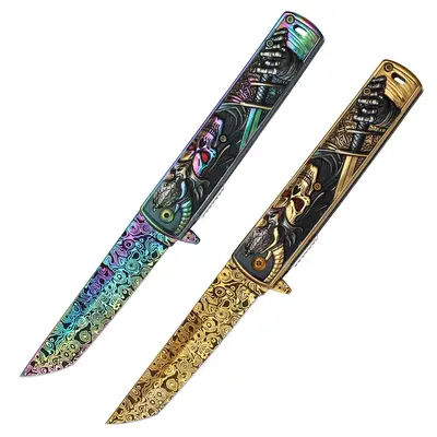 Embossed Folding Knife with Colored Titanium Handle, High-Hardness Blade - 6