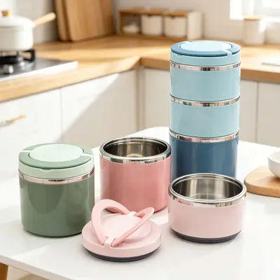 Stainless Steel Lunch Box, Single, Double and Triple Layer, Sealed, Double Handles