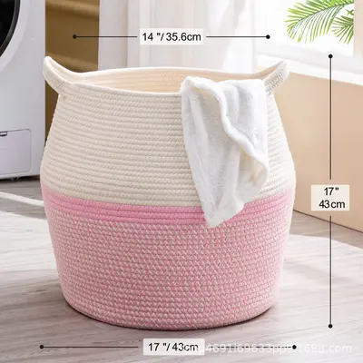 Woven Cotton Rope Storage Basket with Handle, Laundry Hamper - 7