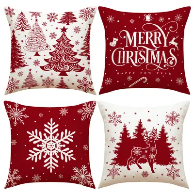 Christmas pillow cover reindeer set sofa cushion cover European and American home style removable and washable linen printed square pillow cover - 12
