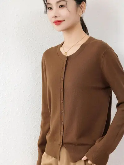 Leichte Strickjacke mit Rundhals, Mischgewebe, Damen-Herbst-Winter-Pullover