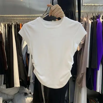 Trendy sexy girl pure desire waist wrap short sleeve t-shirt for women, summer new solid color sweater slim fit short top for women. - 8