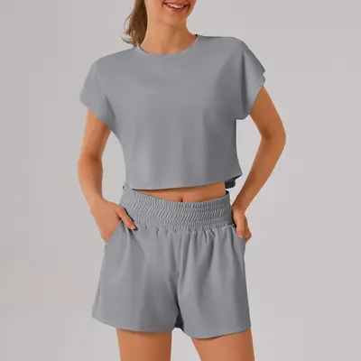 Solid Color Round-Neck Women's Yoga Fitness Set, Breathable, High Elastic - 13