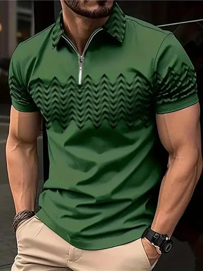 Men's 3D Gradient Print Zip Polo Shirt, Short Sleeve, Plus Size - 10