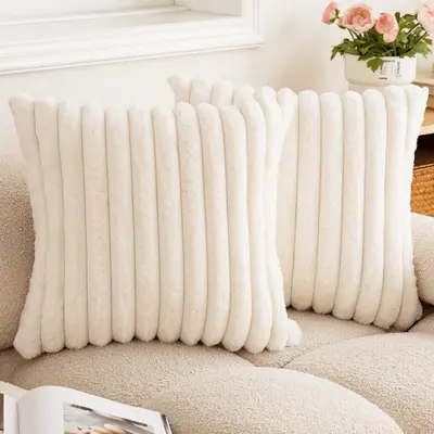 Soft Plush Throw Pillow Cover, Solid Color Faux Rabbit Fur, Sofa Cushion