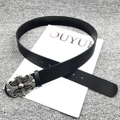 American Vintage Cross Metal Buckle Belt Unisex Kro New Design Y2K Black Embossed Leather Belt - 13