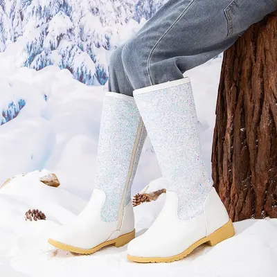 Neue Mädchen-Prinzessinnenstiefel mit Pailletten 2026, lange Stiefel für kleine Mädchen mit Fleecefütterung und warmem Futter, weiche Sohle, bequeme Overknee-Reitstiefel