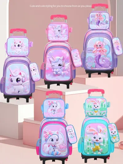 New 3D leather primary school student nylon fabric three-piece set children's backpack school bag export lunch bag factory ready stock