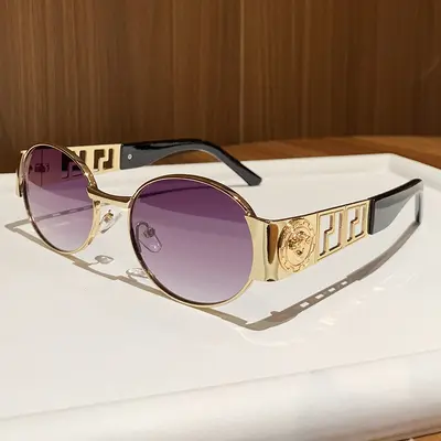 2026 Metal Oval Frame Sunglasses, Retro Hollow Temple Design - 8