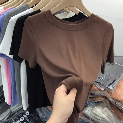 2026 summer new style ribbed round neck slim fit women's t-shirt, short sleeve versatile solid color basic t-shirt top - 10
