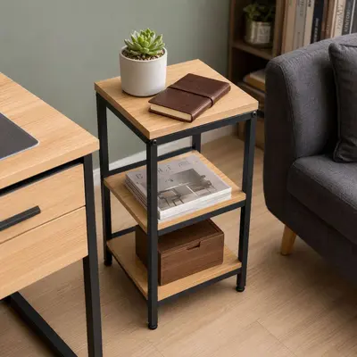 Industrial Style Wrought Iron Side Table with Multi-Layer Storage Shelf - 4