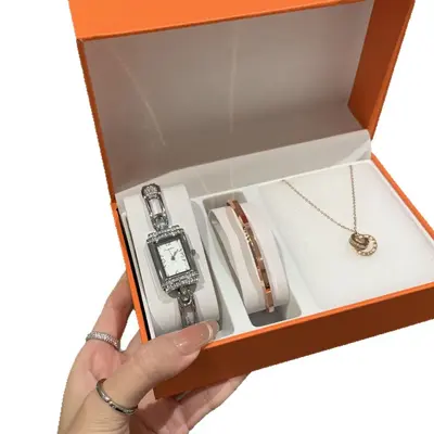 Women's quartz watch set with diamonds, square, gift box