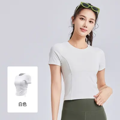 Chest Padded Short Sleeve Yoga Top with Drawstring Straps, Summer - 9