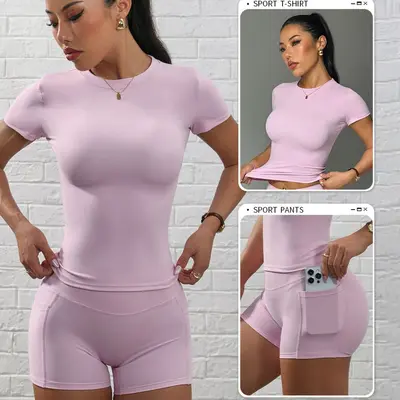 Schnelltrocknendes enges Yoga-Set mit T-Shirt und Shorts