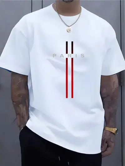 Men's 100% Cotton Loose Fit Paris Letter Print Short Sleeve T-Shirt