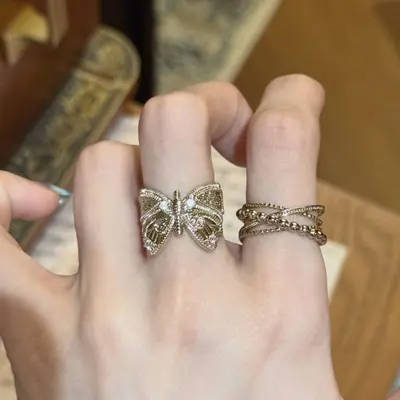 Vintage kristal boncuk yüzük, kahve altını, kadın - 5