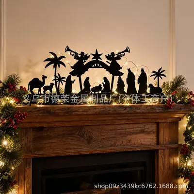 Black Metal Christmas Tabletop Ornament with Wrought Iron Hanging Silhouette