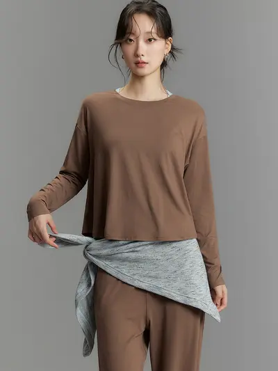 Kadın Yoga Takımı Uzun Kollu Yumuşak Nefes Alabilen Gevşek Kesim Yuvarlak Yaka T-Shirt - 6