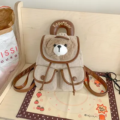 Sevimli peluş köpek kafalı kapaklı mini sırt çantası, ekose desenli, taşınabilir - 10