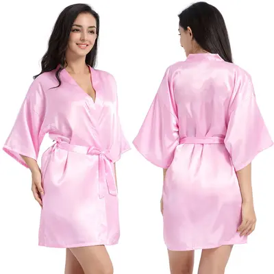 Amazon Grenzüberschreitender Damen-Satinmorgenmantel gedreht, einfarbig glänzend, Sommer dünn, sexy, kurze Strickjacke, Bademantel - 12
