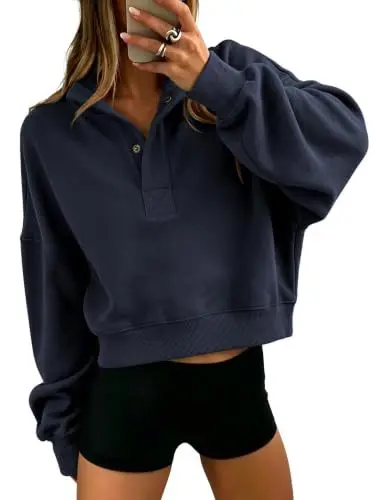 Henley Yaka Uzun Kollu Sweatshirt, Yumuşak ve Rahat Kesim, Sonbahar Kış - 11