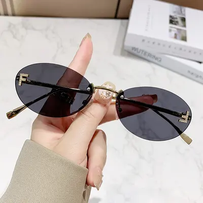 Rhinestone Oval Frameless Sunglasses, Small Frame, UV Protection - 7