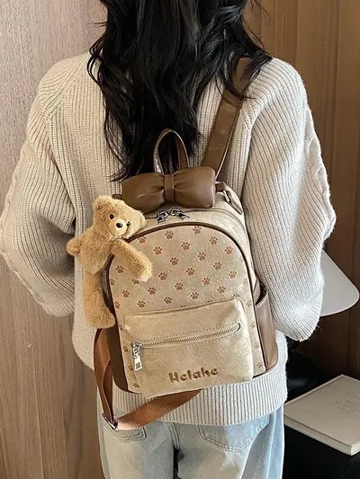 Women's Backpack with Cartoon Puppy Paw Design and Bow, Large Capacity - 3