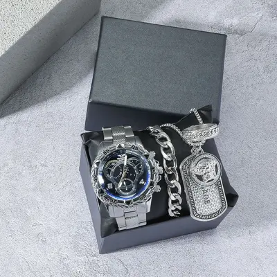 Men's quartz watch set, large dial, steel band, 4-piece
