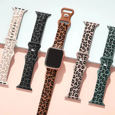 Apple Watch S11 ile uyumlu silikon kordon, leopar desenli
