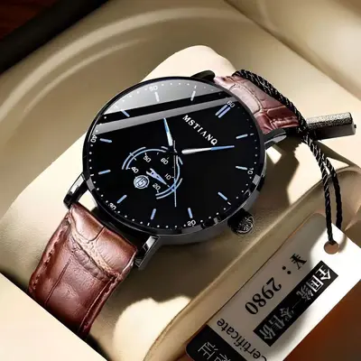 Black technology leather strap men's watch, Korean style, ultra-thin design - 9