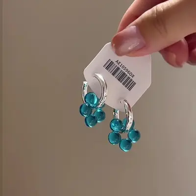 Mavi kristal çiçek küpe, kadın, Kore tarzı - 3