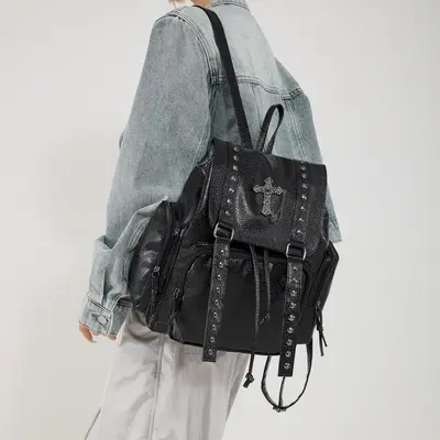 Soft PU Leather Backpack, Large Capacity, Cross Rivet Design - 3