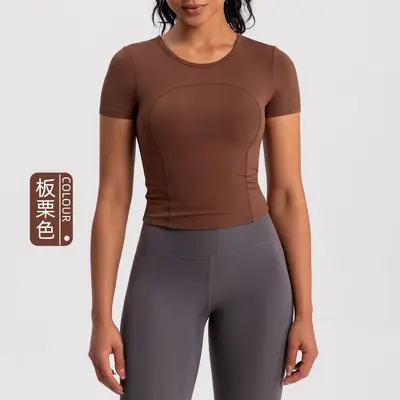 Athena lulu Summer New Yoga Wear Женская футболка с коротким рукавом и встроенными чашечками бюстгальтера, эффект «второй кожи», спортивный топ для бега и фитнеса - 7