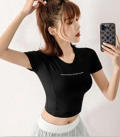 Kadın Yoga Üstü Kısa Kollu Crop Top, Hızlı Kuruyan Nefes Alabilir Spor T-Shirt - 7
