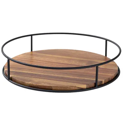 Wooden Lazy Susan Storage Rack Steel Assorted Items Organizer Tabletop Rotating Tray Spice Bottle Jar Cosmetic Turntable