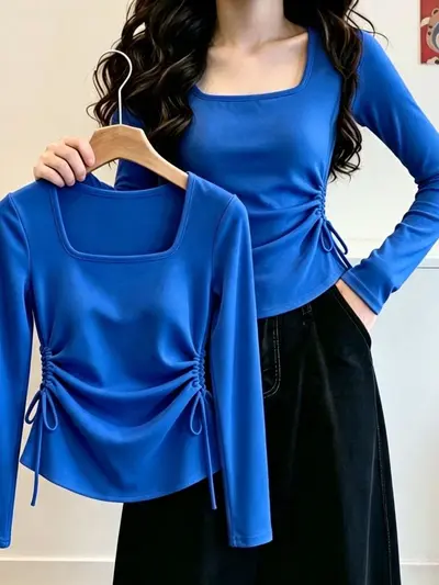Slimming Square Neck Long Sleeve T-Shirt for Women, 2026 Autumn New Arrival, Irregular Pleated Drawstring Top, Dropshipping Available