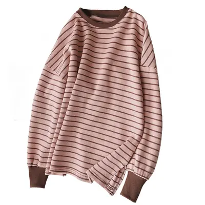 Damen-Sweatshirt aus Baumwolle, Weiß-Rosa gestreift, locker