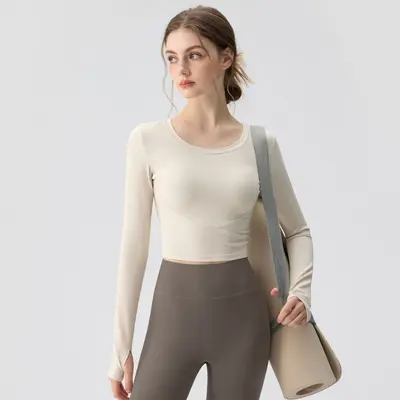 秋冬新款运动瑜伽上衣女紧身长袖健身跑步训练服运动套装女批发 - 7