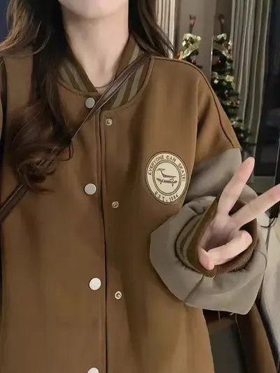 Kadınlar için sınır ötesi tembel stil beyzbol ceketi, sonbahar ve kış polar astarlı kalın retro gevşek gündelik hırka sweatshirt ins trendi