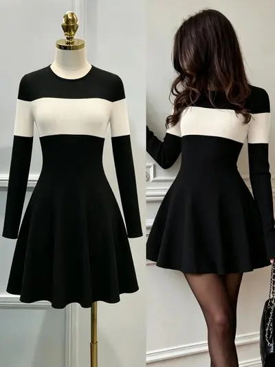 Women's Long Sleeve A-Line Dress with Contrast Color Patchwork and Waist Cinching