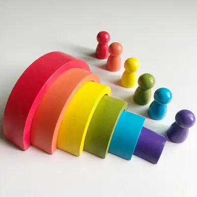 Wooden Box Geometric Rainbow Building Blocks Early Education Toy - 9