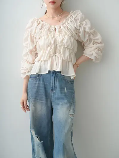 Women's flared sleeve pleated long sleeve chiffon blouse - 5
