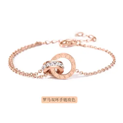Niche luxury design clavicle chain, simple and versatile Roman double-ring necklace, 18k rose gold titanium steel accessory necklace pendant. - 12