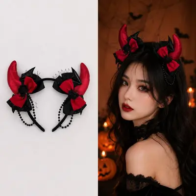 Halloween Devil Horn Headband with Black Veil and Skull Flower - 8