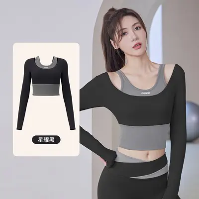 Damen Langarm Yoga Sportoberteil, Fitted Fake-Zweiteil - 7