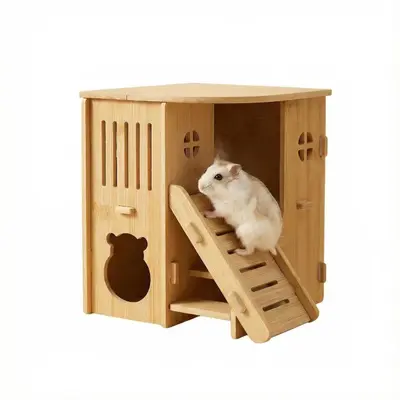 Wooden Hamster House, Multi-Level, Solid Wood Hideout - 6