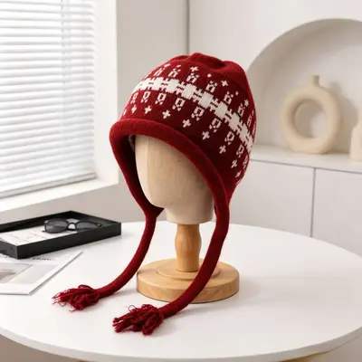 Retro Pattern Knit Hat with Tassel Tie, Warm Winter Cap - 7